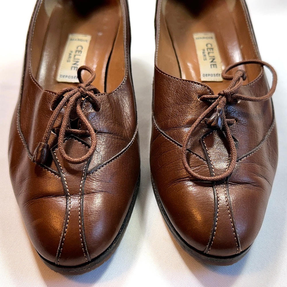 Vintage 1980s(?) CELINE Brown Leather Lace-Up Pump Size 36 US 5-1/2
